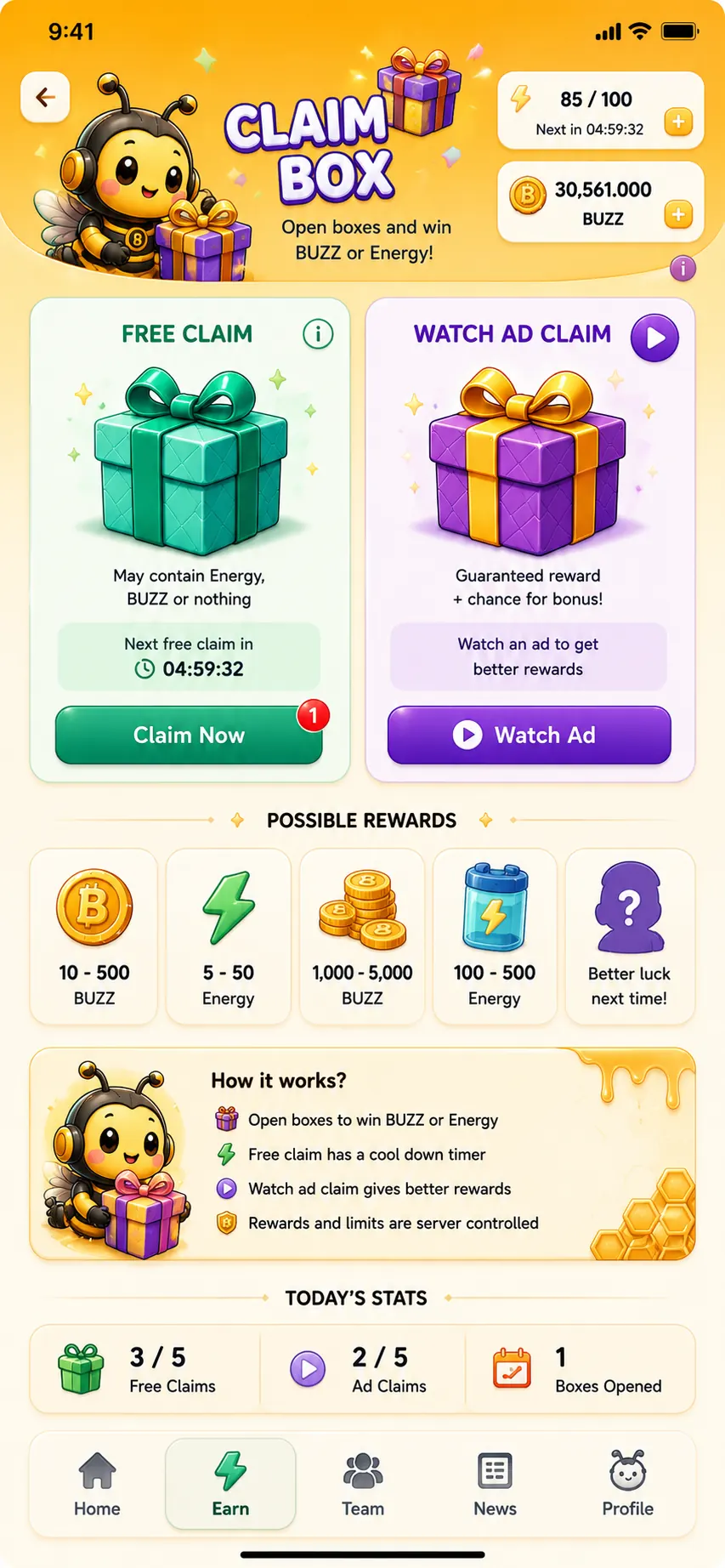 Buzzz app Claim Box screen