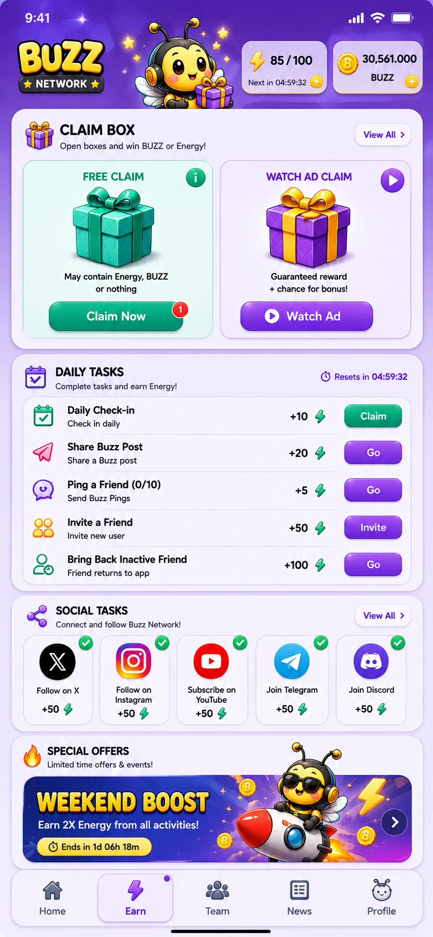 Buzzz app Earn screen showing Energy, claim boxes and daily tasks