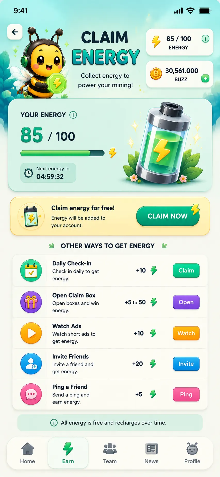 Buzzz app mining and Energy screen