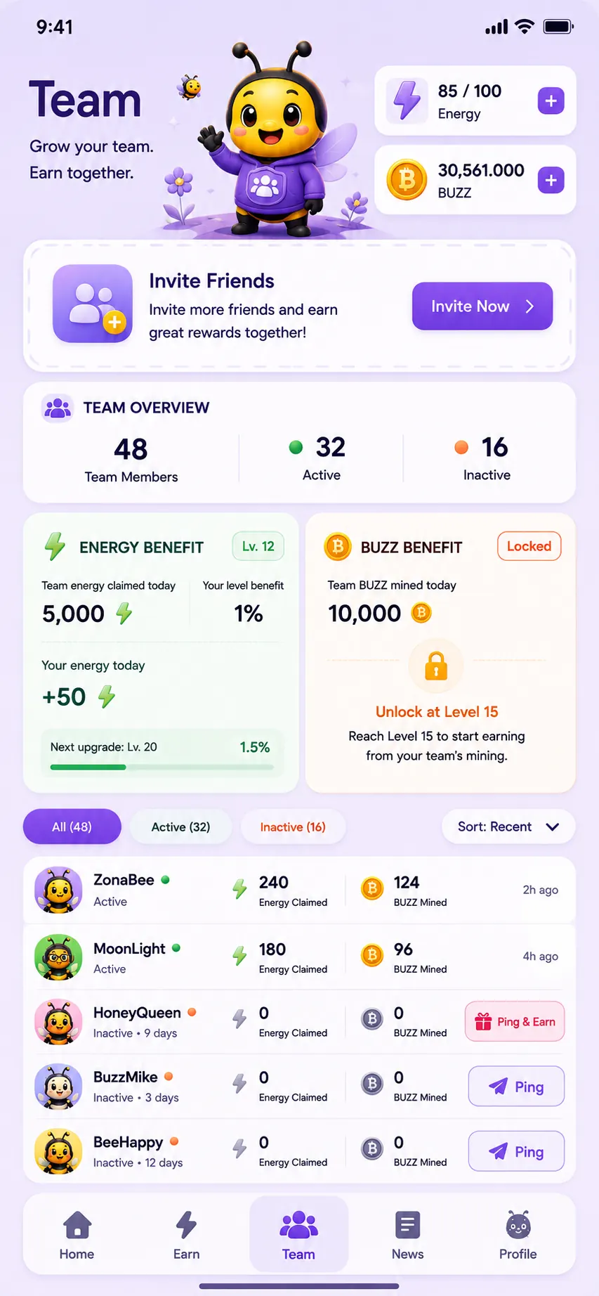 Buzzz app Team screen